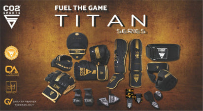 CO2 Sports Titan Series sports equipment showcasing boxing gloves, MMA gear, and accessories on a brown background