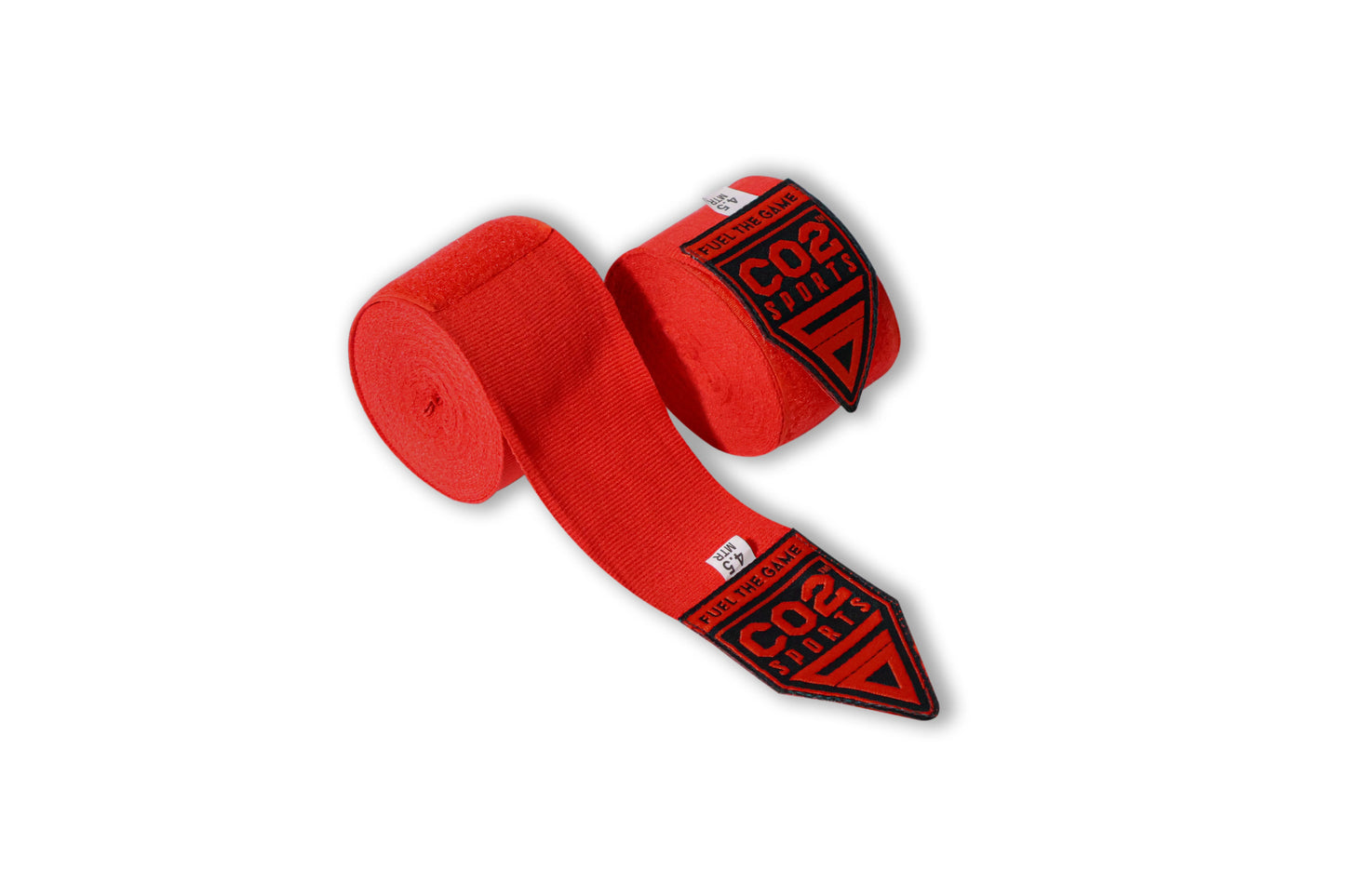 Red boxing hand wraps with brand logo on a white background