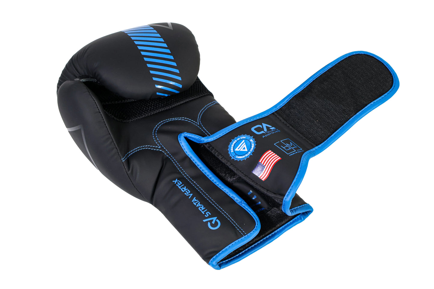 Black boxing glove with blue accents on a white background