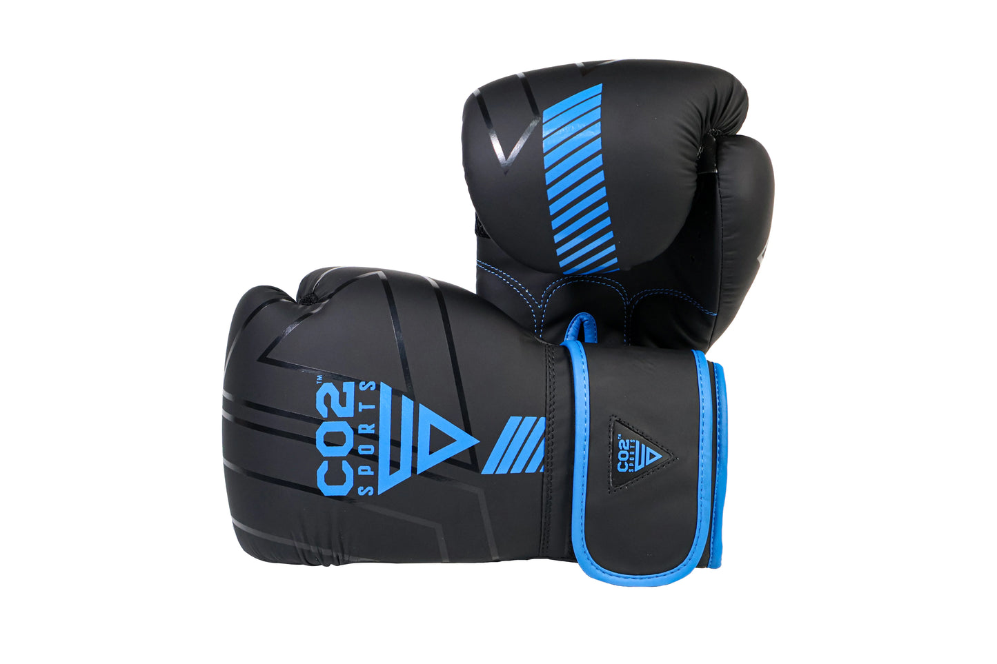 Black boxing gloves with blue accents on a white background