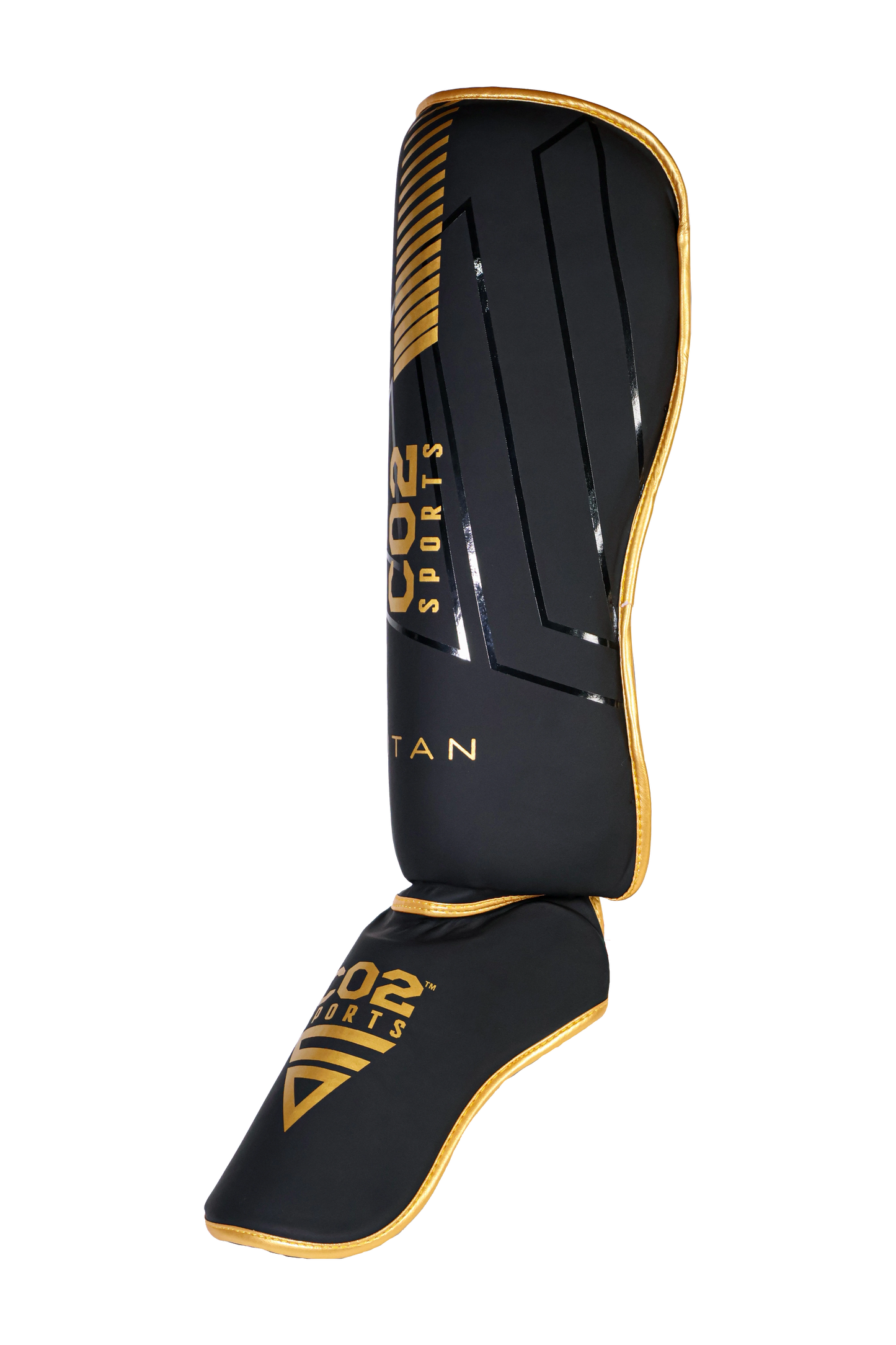 Black and gold shin guard with 'C02 Sports' branding on a white background