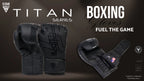 Black boxing gloves with Titan Series branding on a dark background