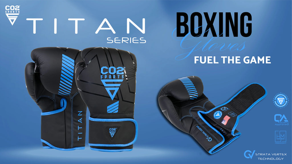 Black and blue boxing gloves with CO2 Sports branding on a blue background
