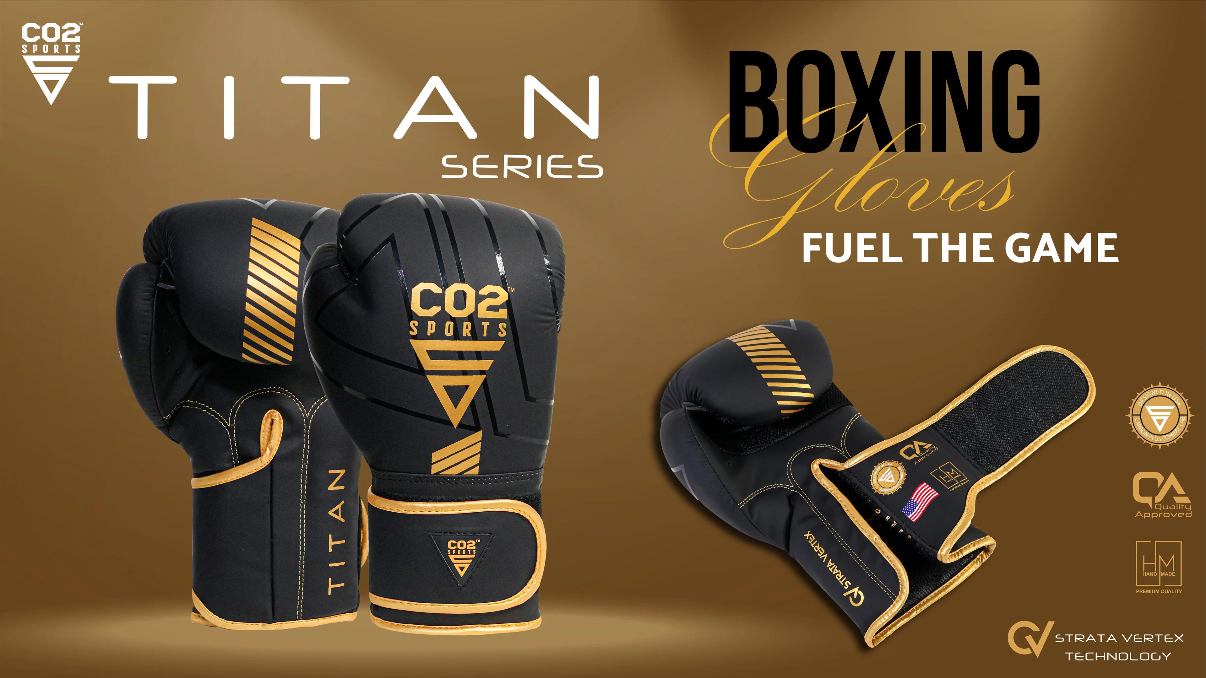 Black and gold boxing gloves with Titan branding on a brown background