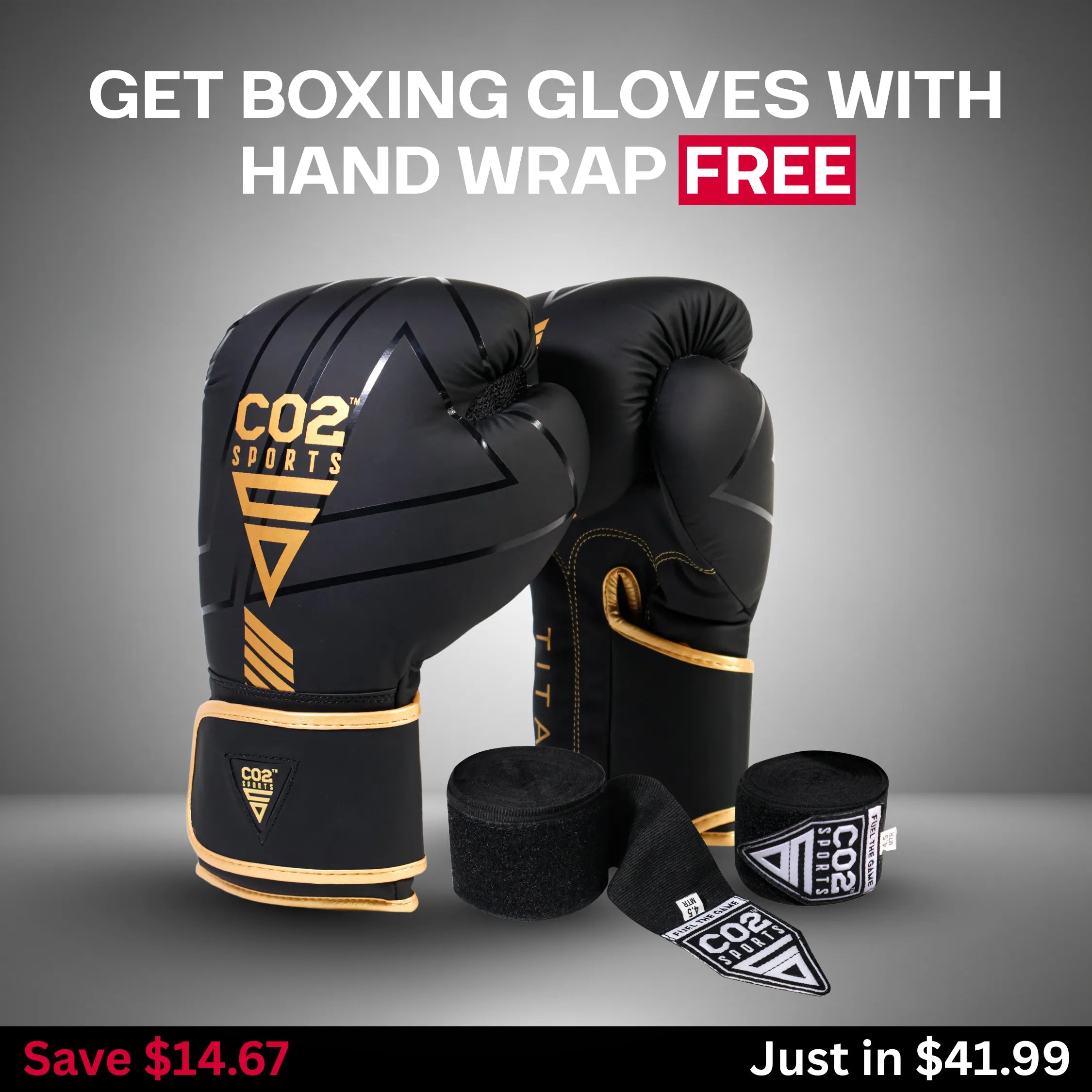 Premium Golden Boxing Gloves with Free Black Hand Wrap in Bundle