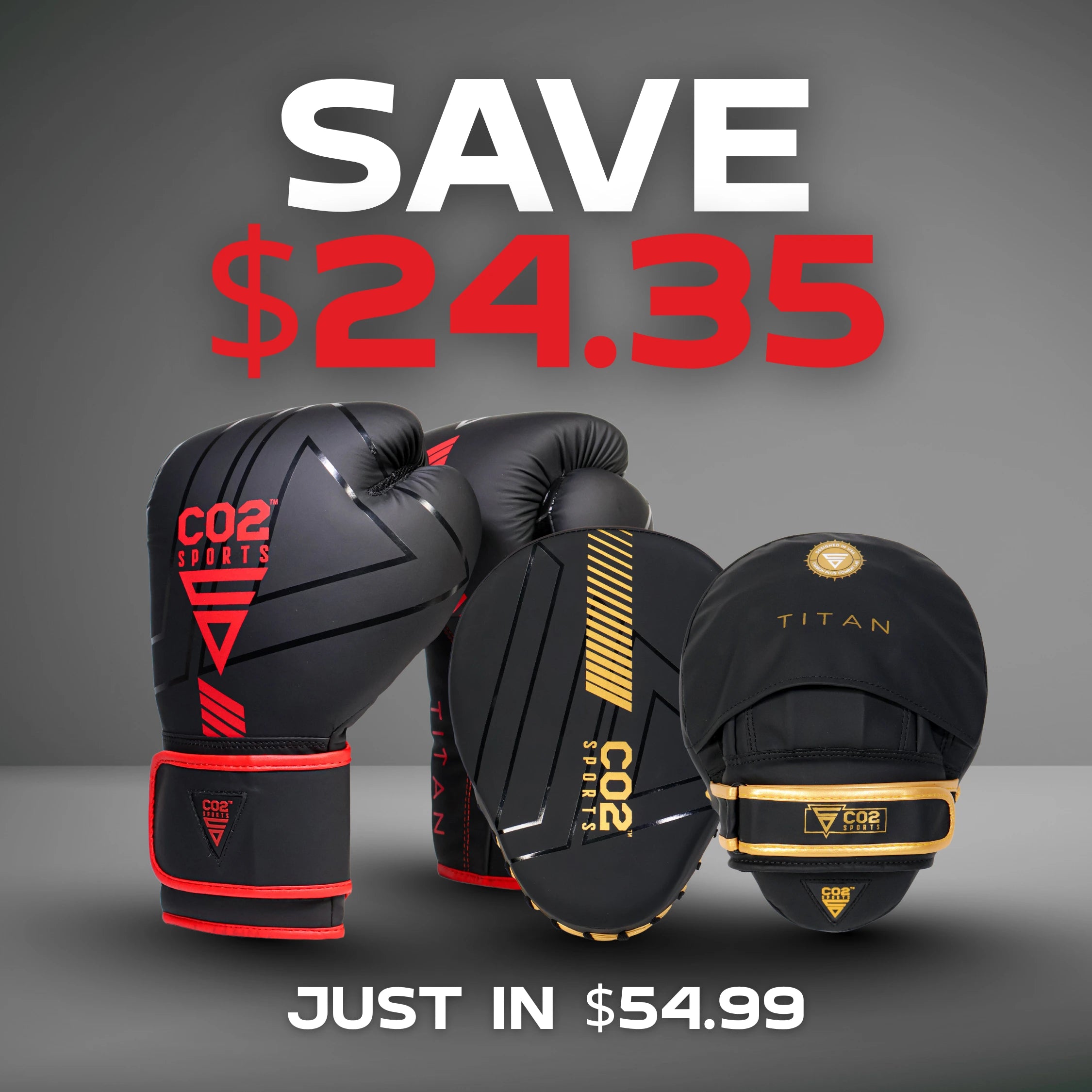 Premium Red Boxing Gloves and Golden Curved focus mitt Bundle