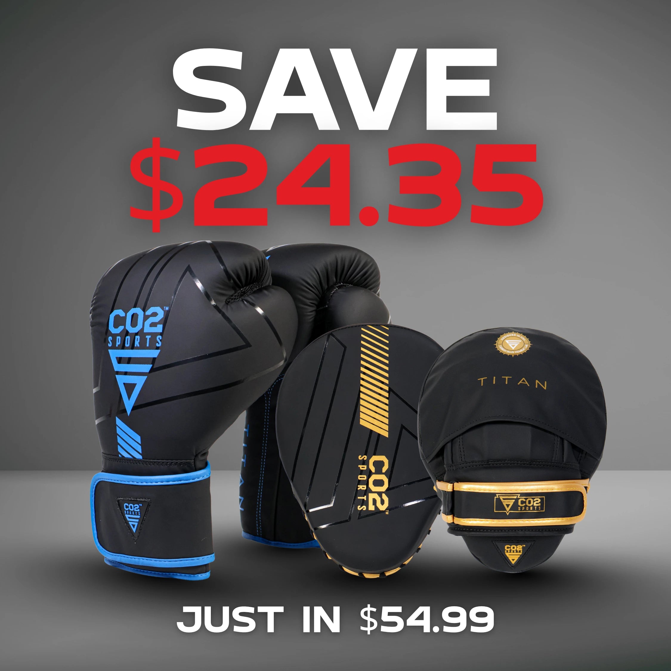 Premium Blue Boxing Gloves and Golden Curved focus mitt Bundle 