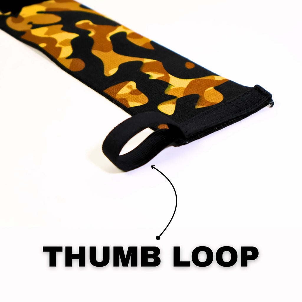 Black and gold camouflage wrist wrap with brand logo on a white background