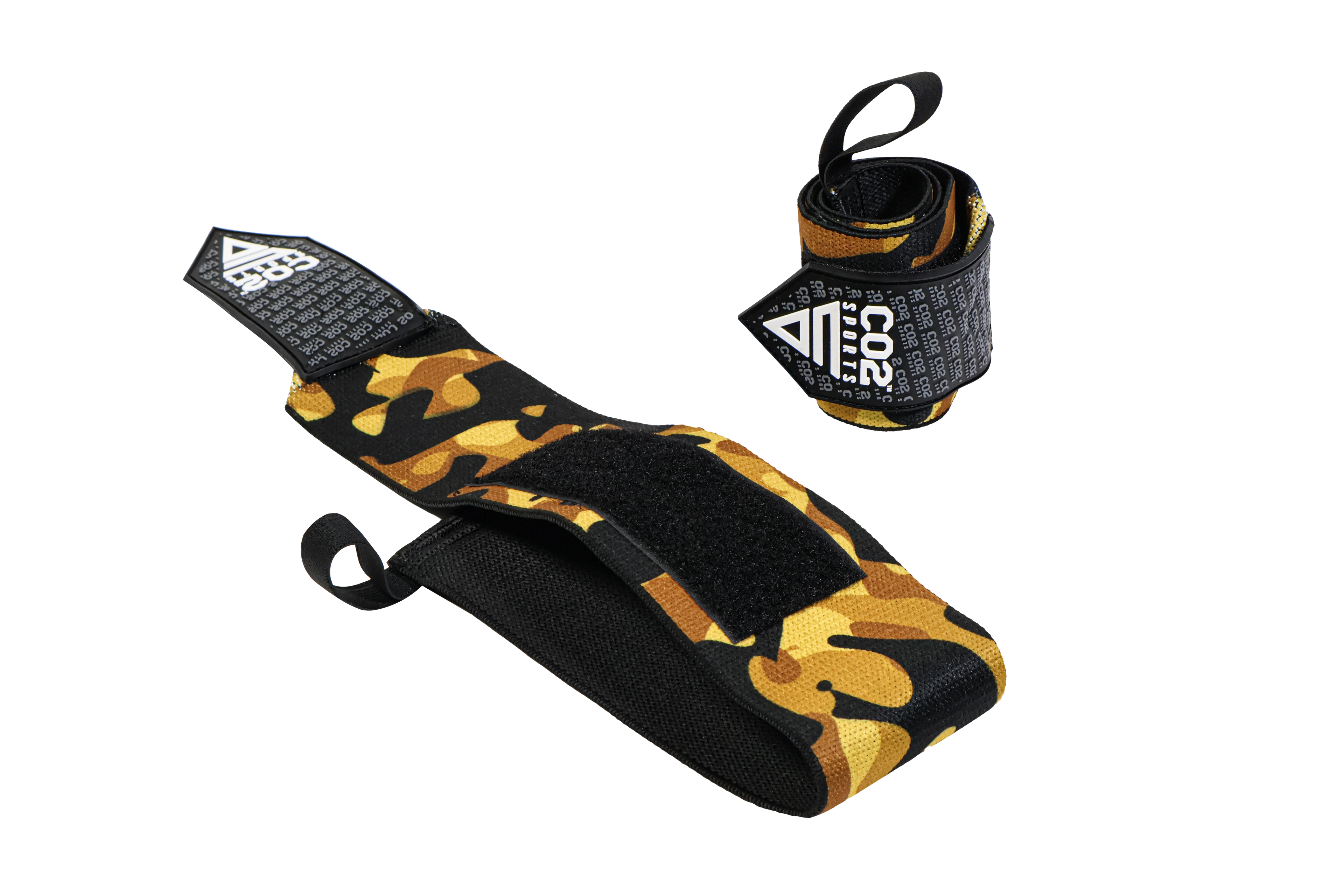 Black and gold camouflage wrist wrap with brand logo on a white background