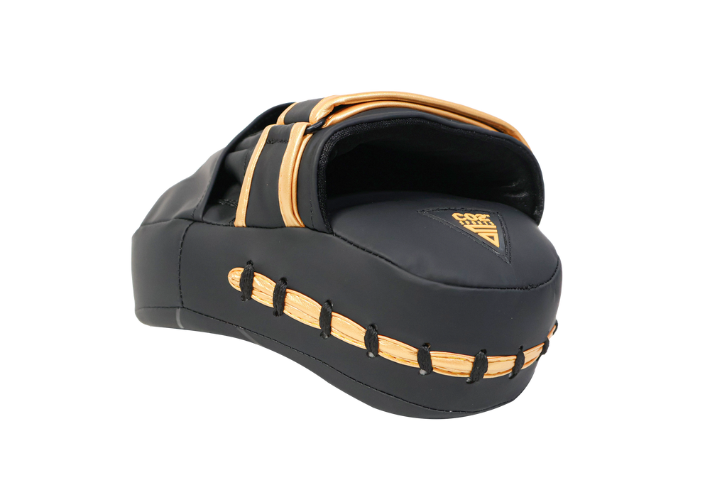 Black and gold sandal on a white background