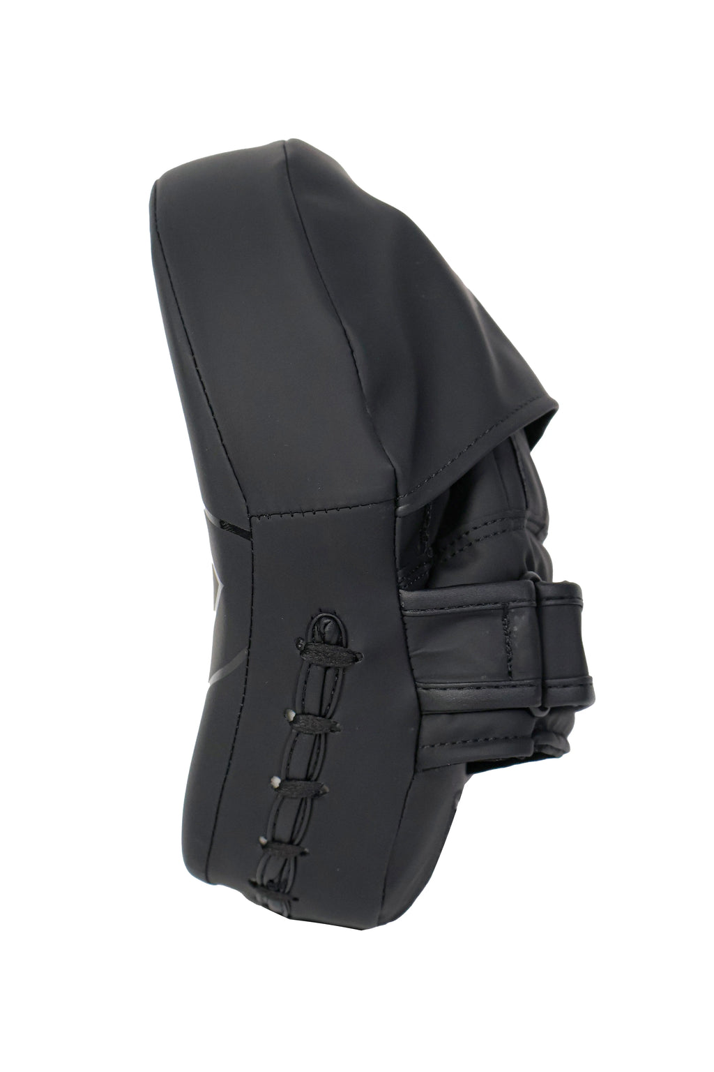 Black knee pad with a strap on a white background