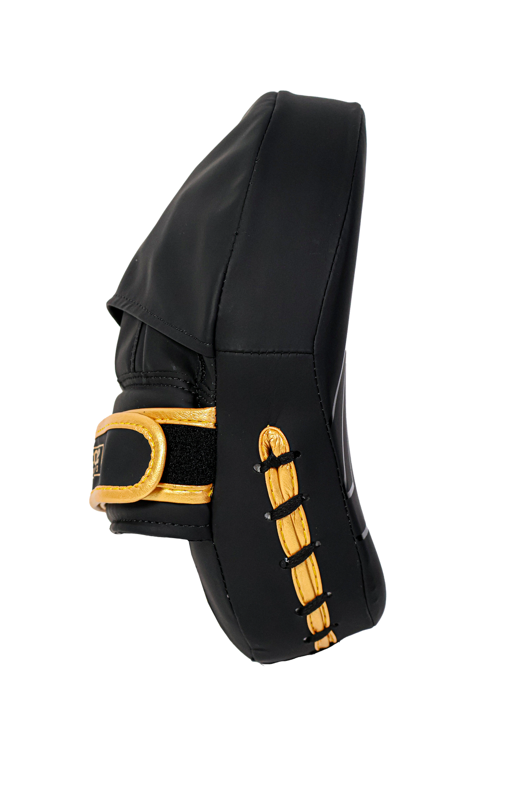 Black and gold equestrian leg guard on a white background