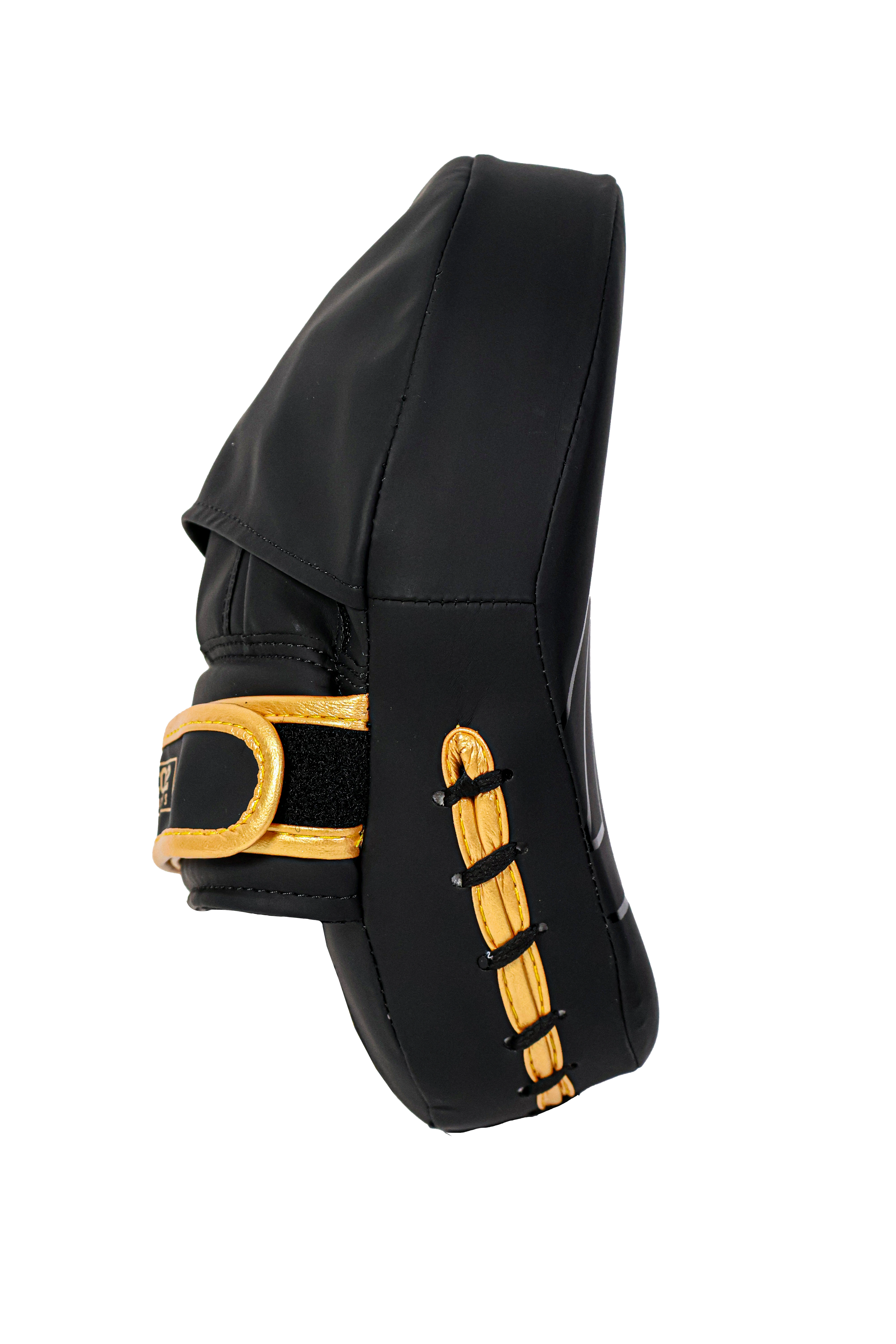 Black and gold equestrian leg guard on a white background