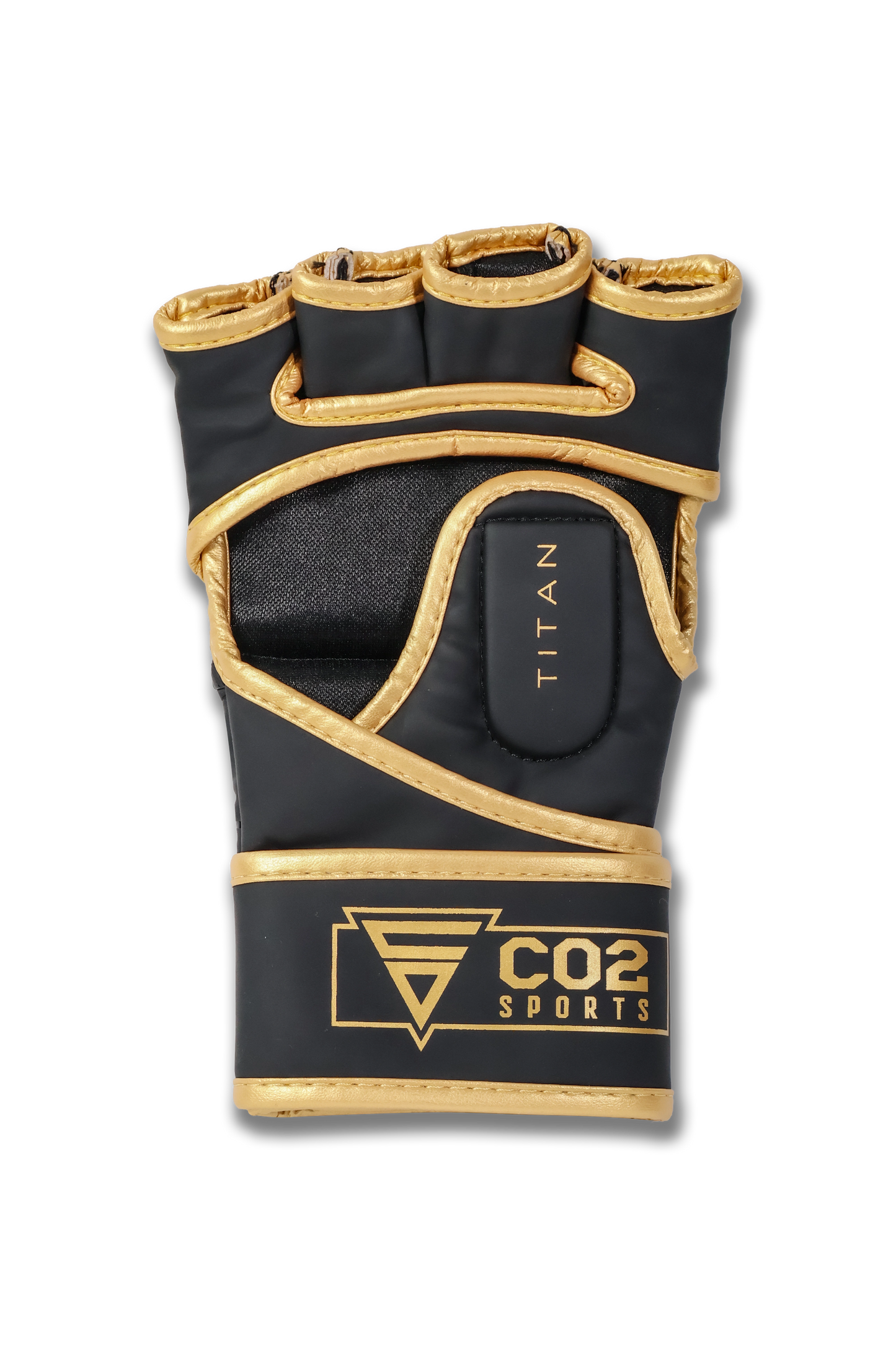 Black and gold glove with CO2 Sports branding on a white background