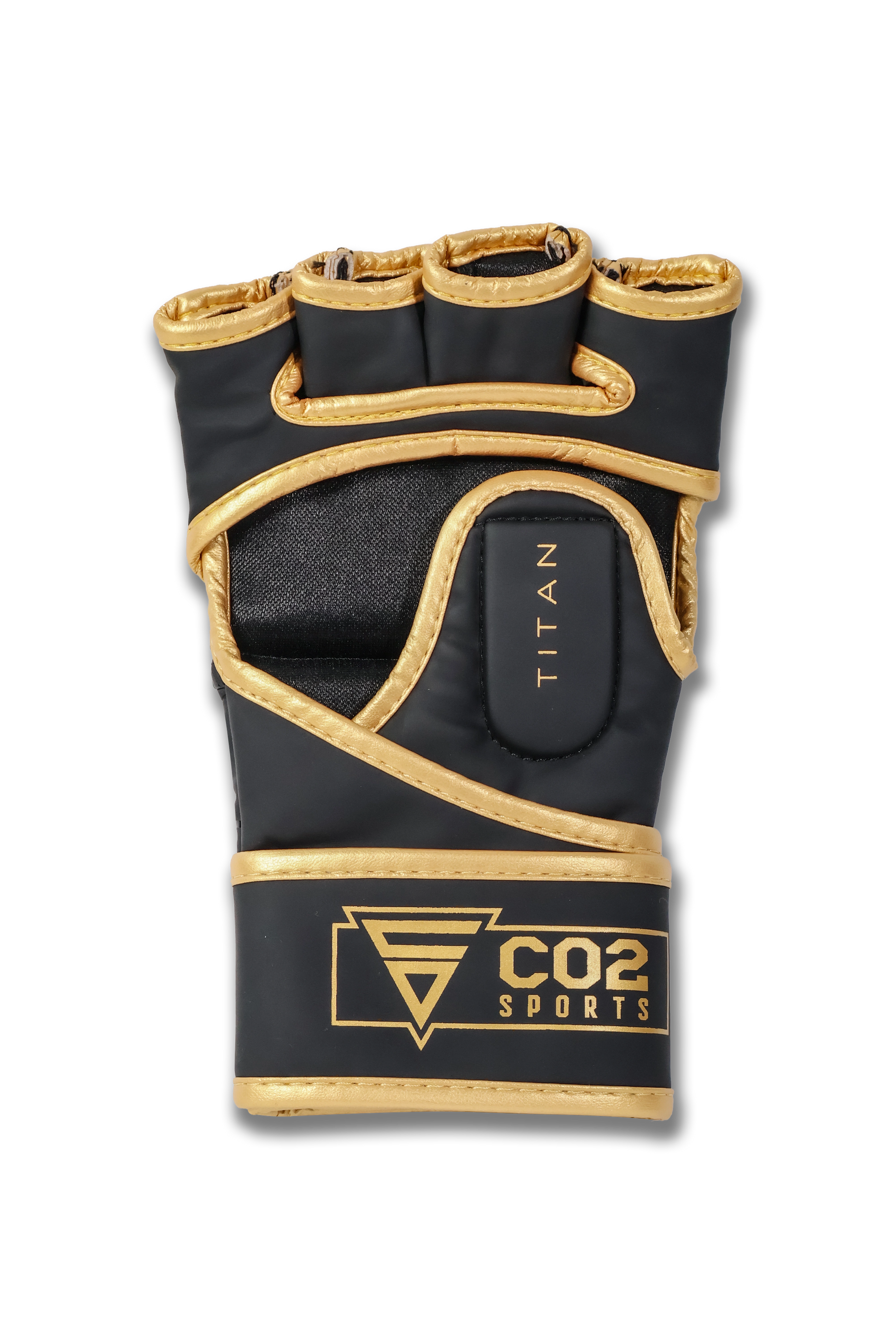 Black and gold glove with CO2 Sports branding on a white background