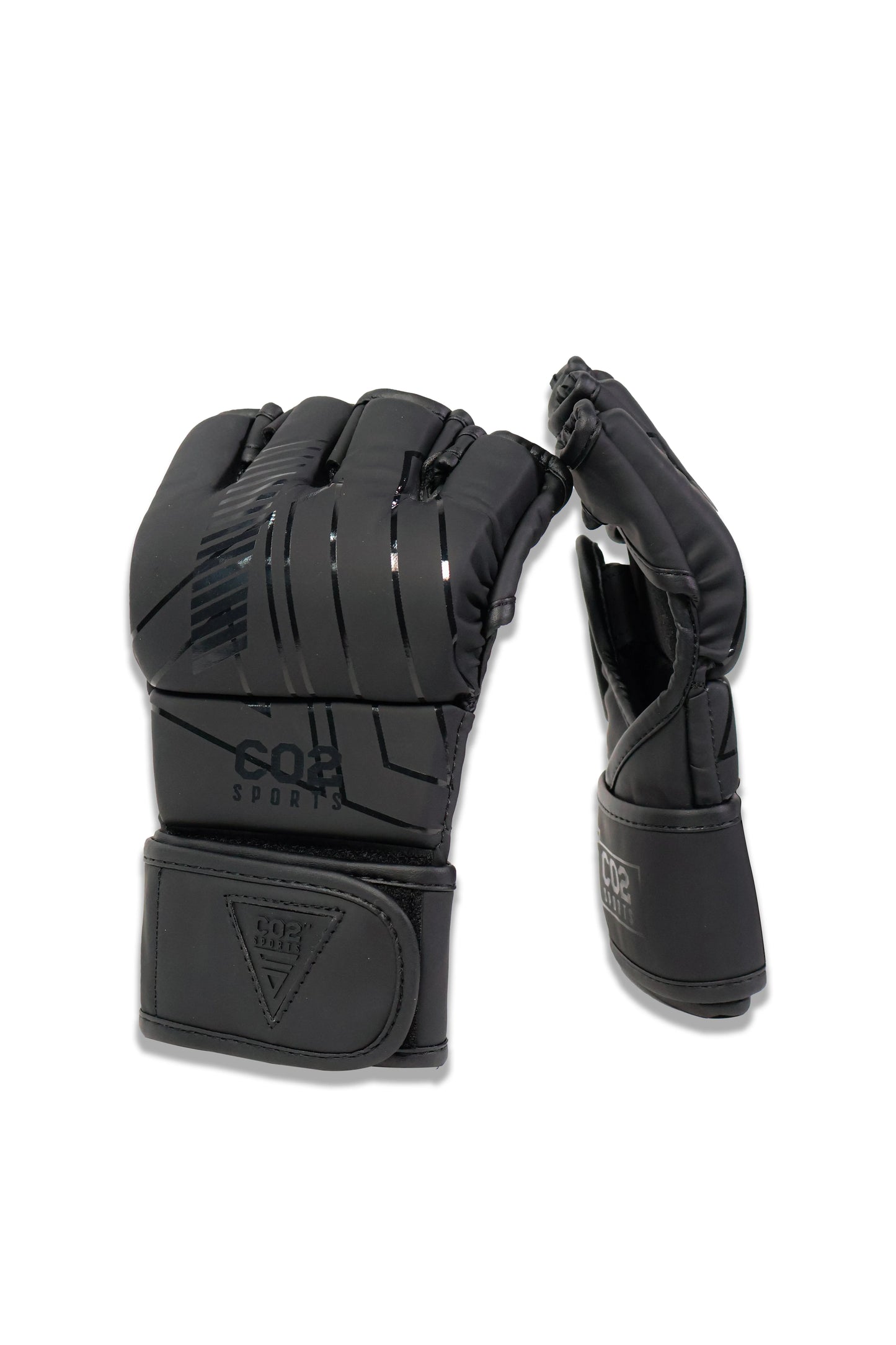 Black gloves with a brand logo on a white background