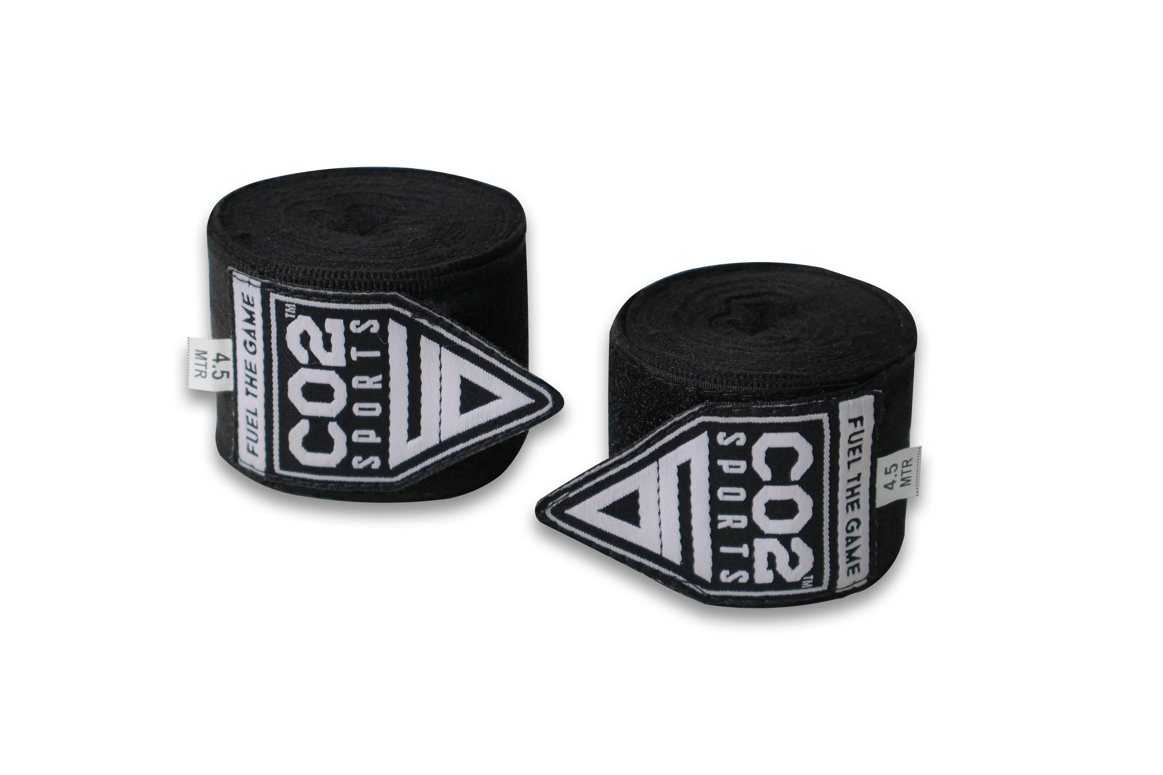 Two rolls of CO2 Sports boxing hand wraps on a white background