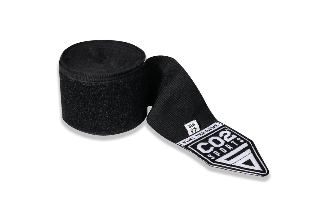 Black boxing hand wraps with brand logo on a white background