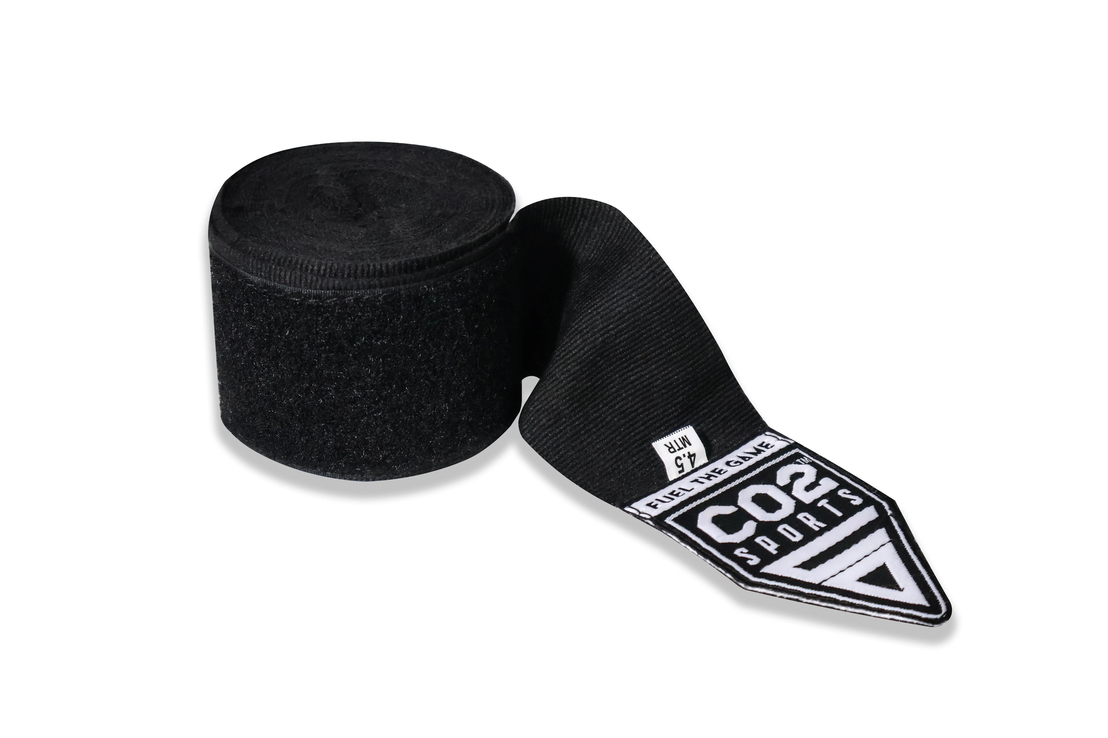 Black boxing hand wraps with brand logo on a white background