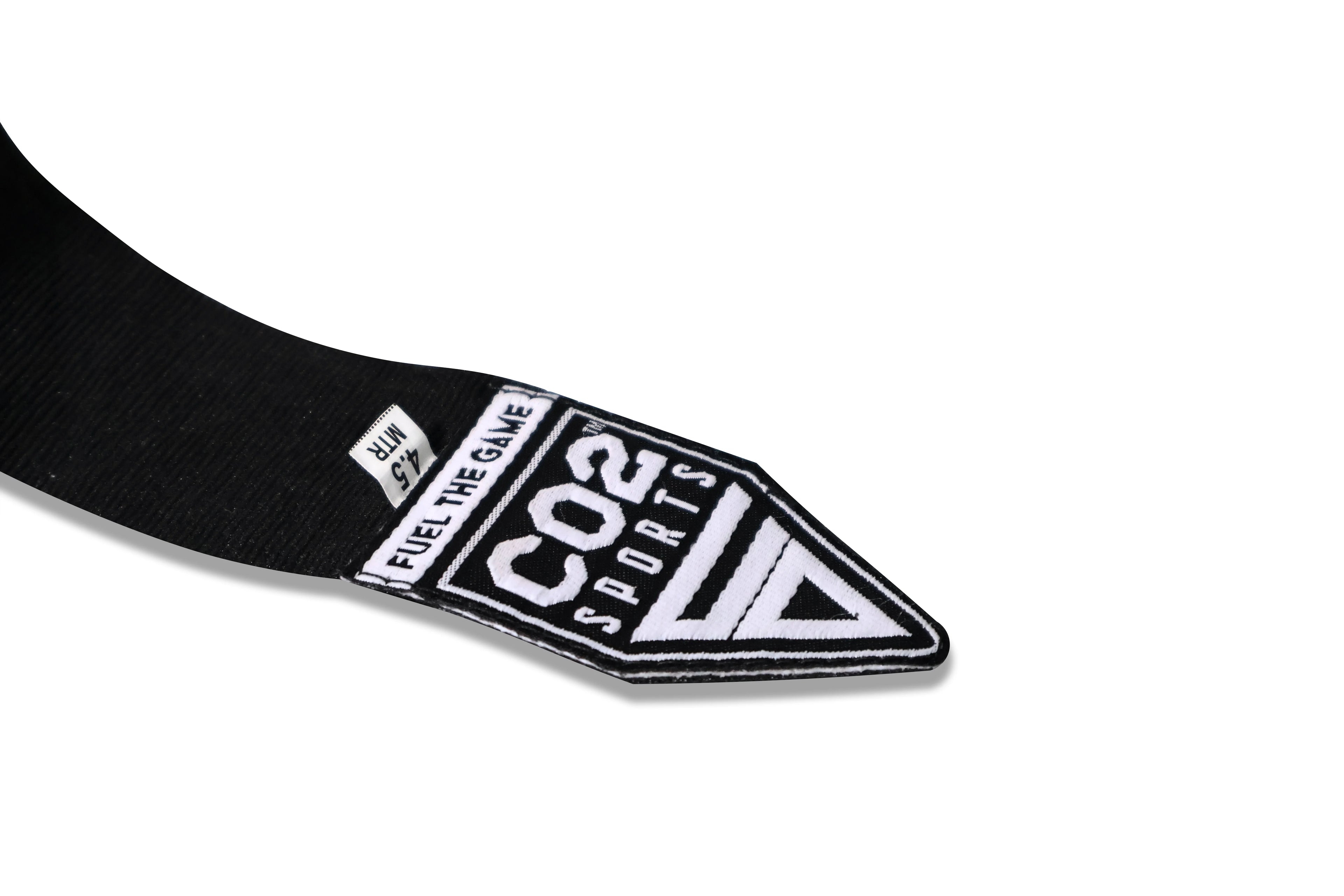 Black belt with a white label featuring 'COS Sports' branding on a white background
