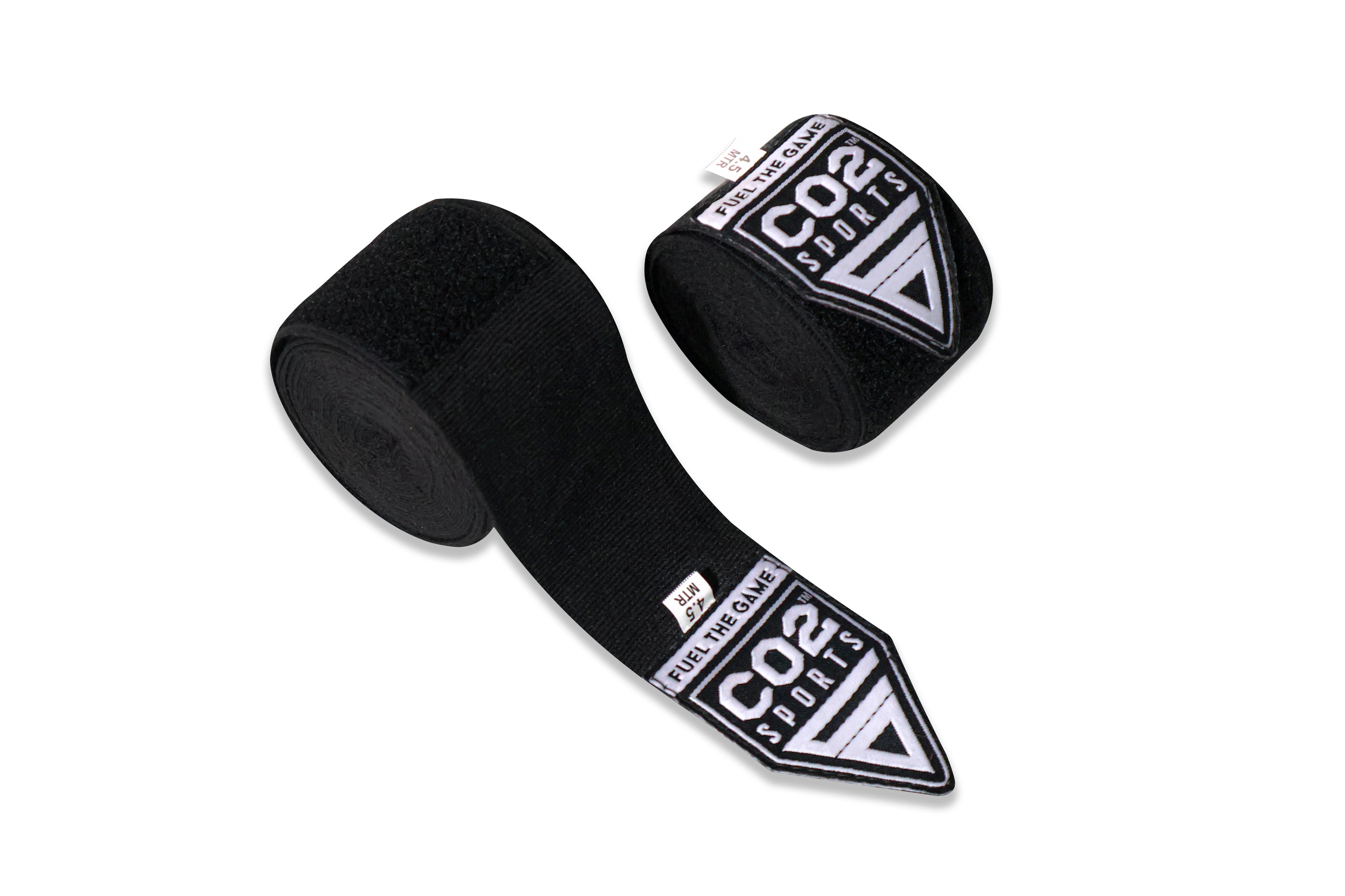 Black boxing hand wraps with CO2 Sport branding on a white background