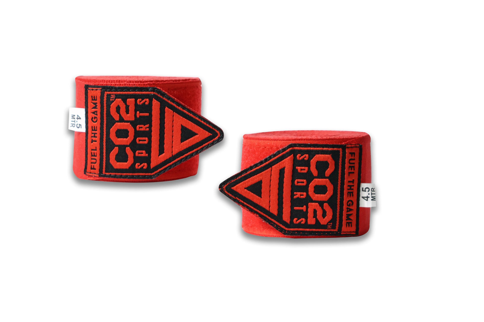 Two red boxing hand wraps with CO2 Sports logo on a white background