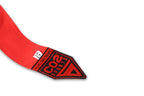 Red belt with a black and red logo on a white background