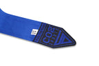 Blue belt with a brand logo on a white background