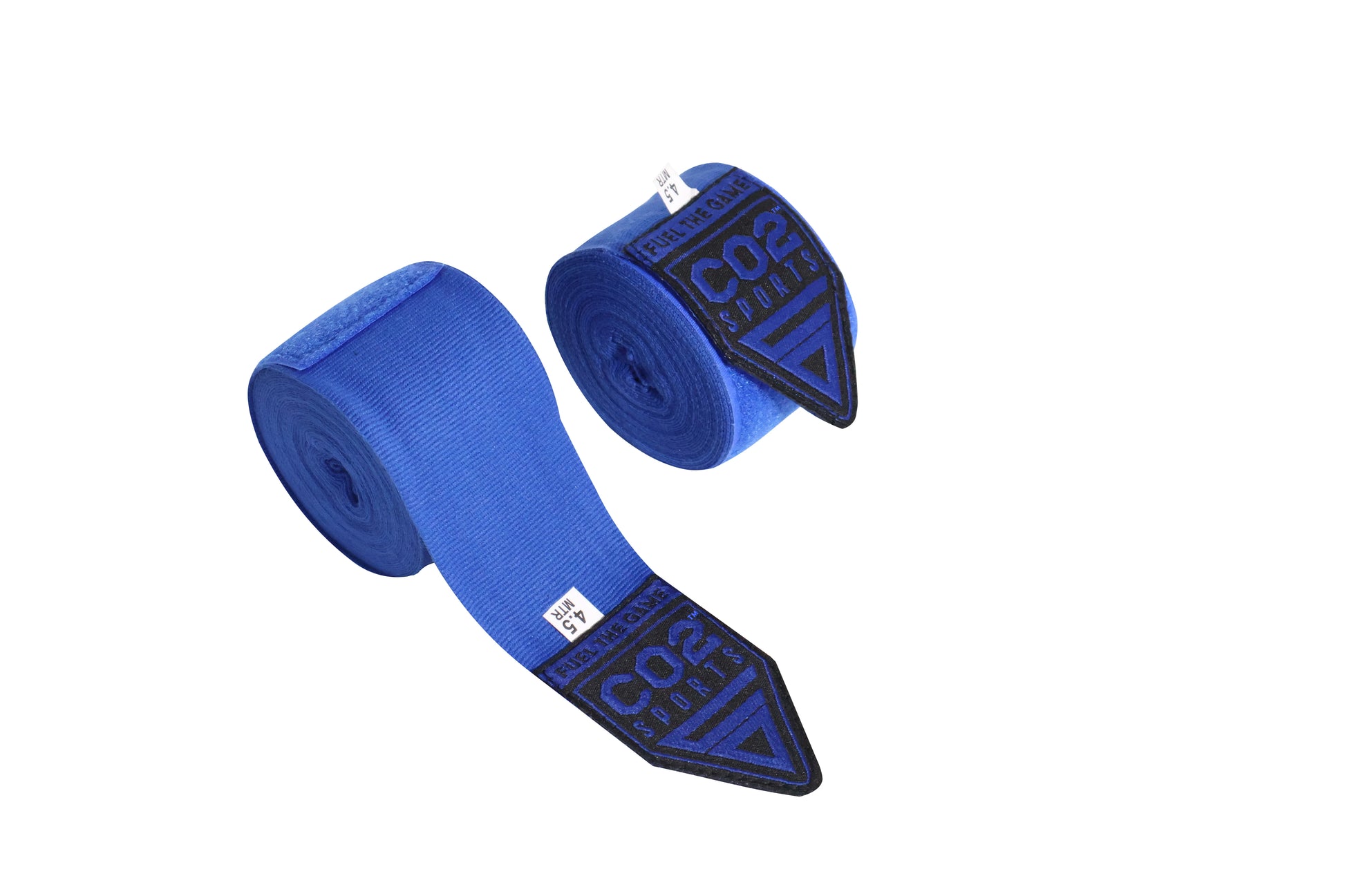 Two rolls of blue boxing hand wraps with a brand logo on a white background