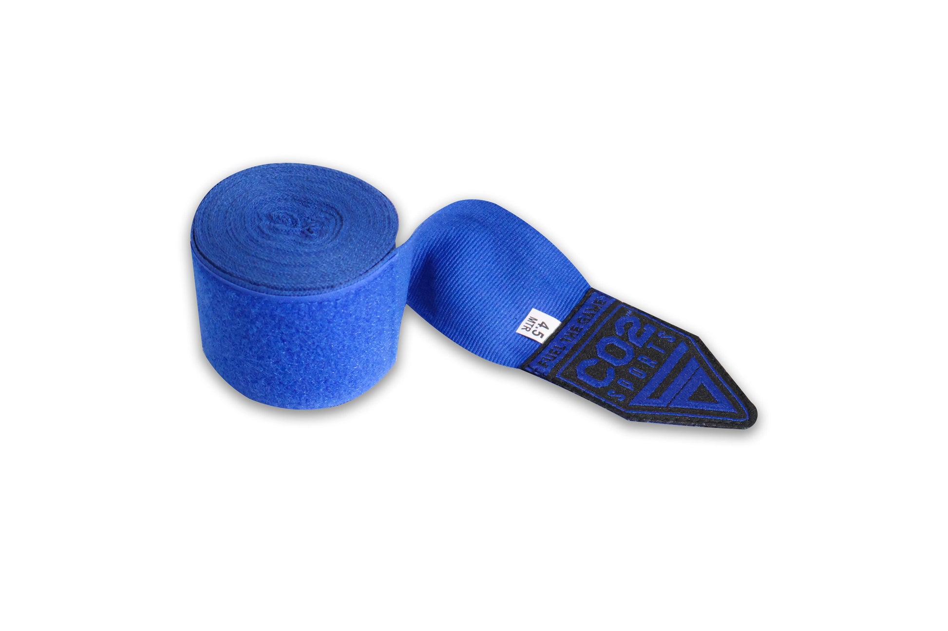 Blue boxing hand wraps with a brand logo on a white background