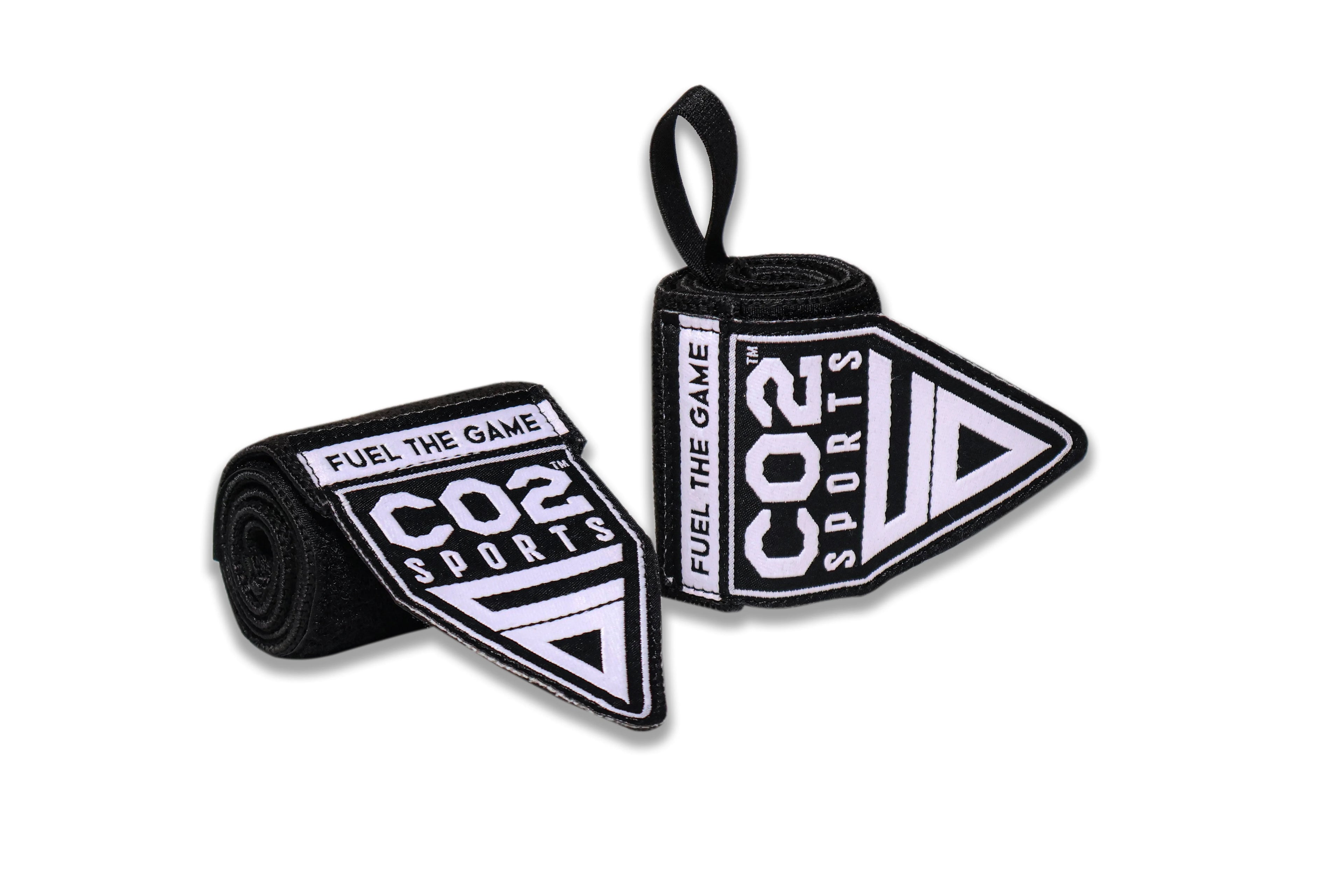 Two rolls of CO2 Sports wrist wraps on a white background