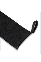 Black fabric swatch with a handle on a white background