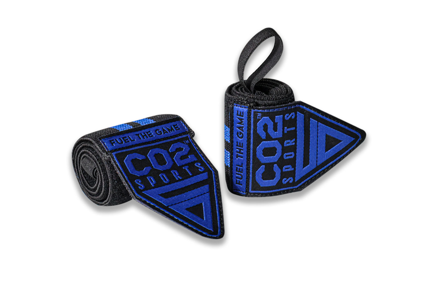 Two black and blue wrist wraps with CO2 Sports branding on a white background