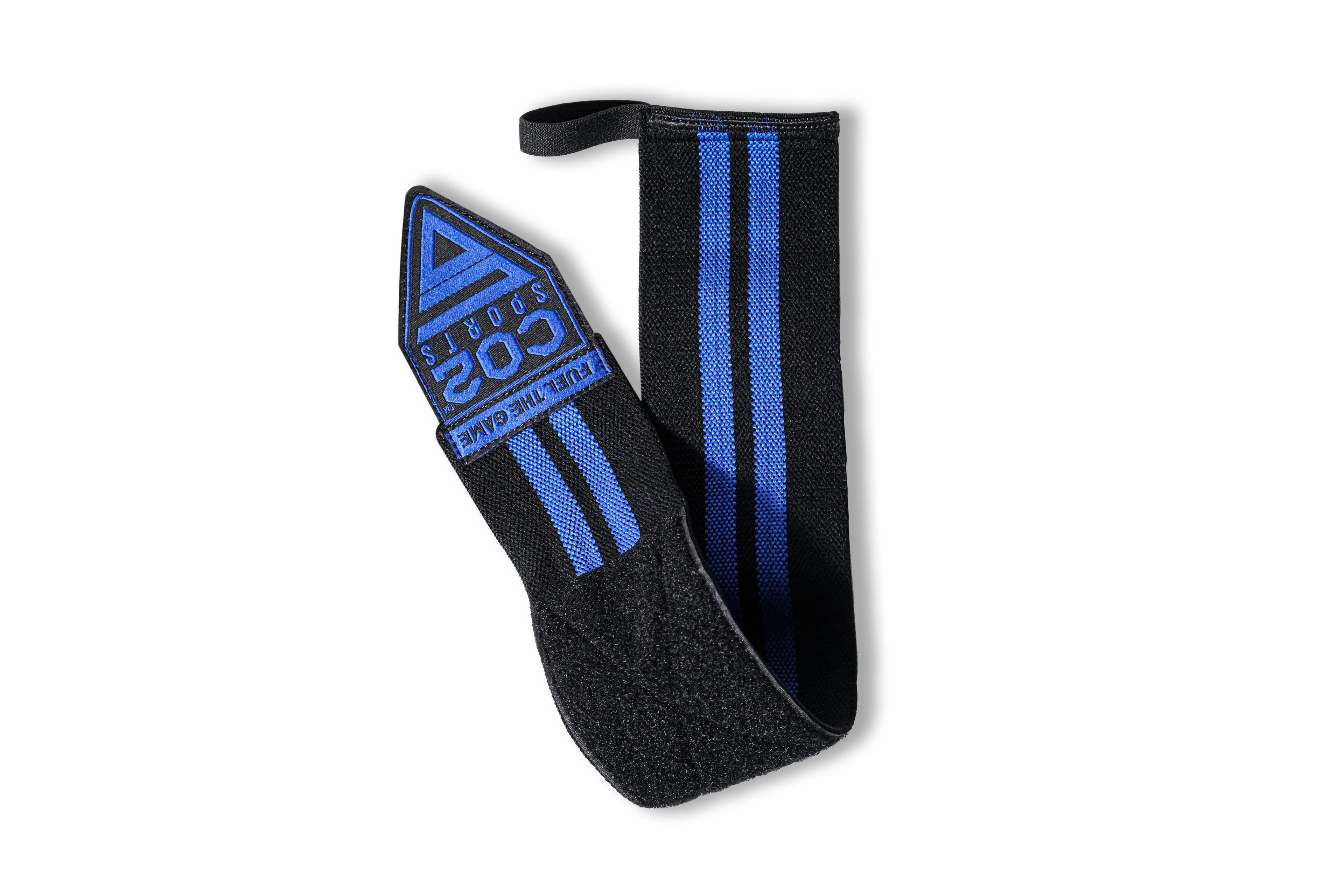 Black wrist wrap with blue stripes and branding on a white background