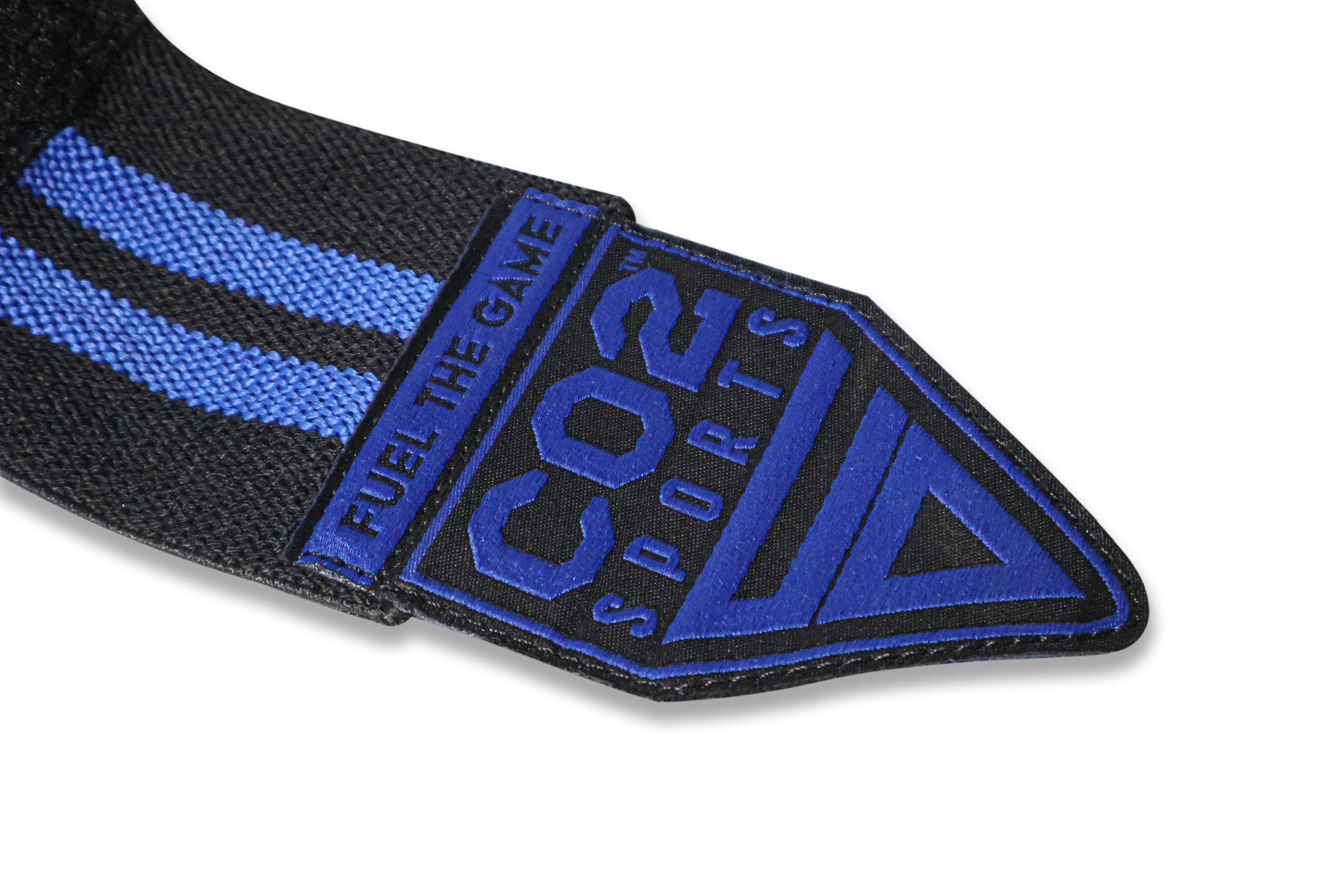 Black and blue wrist wrap with CO2 Sports logo on a white background