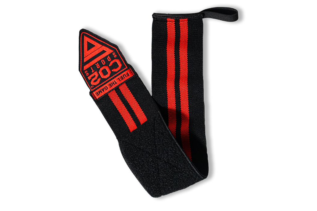 Black wrist wrap with red stripes and a logo on a white background
