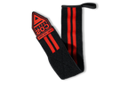 Black wrist wrap with red stripes and a logo on a white background