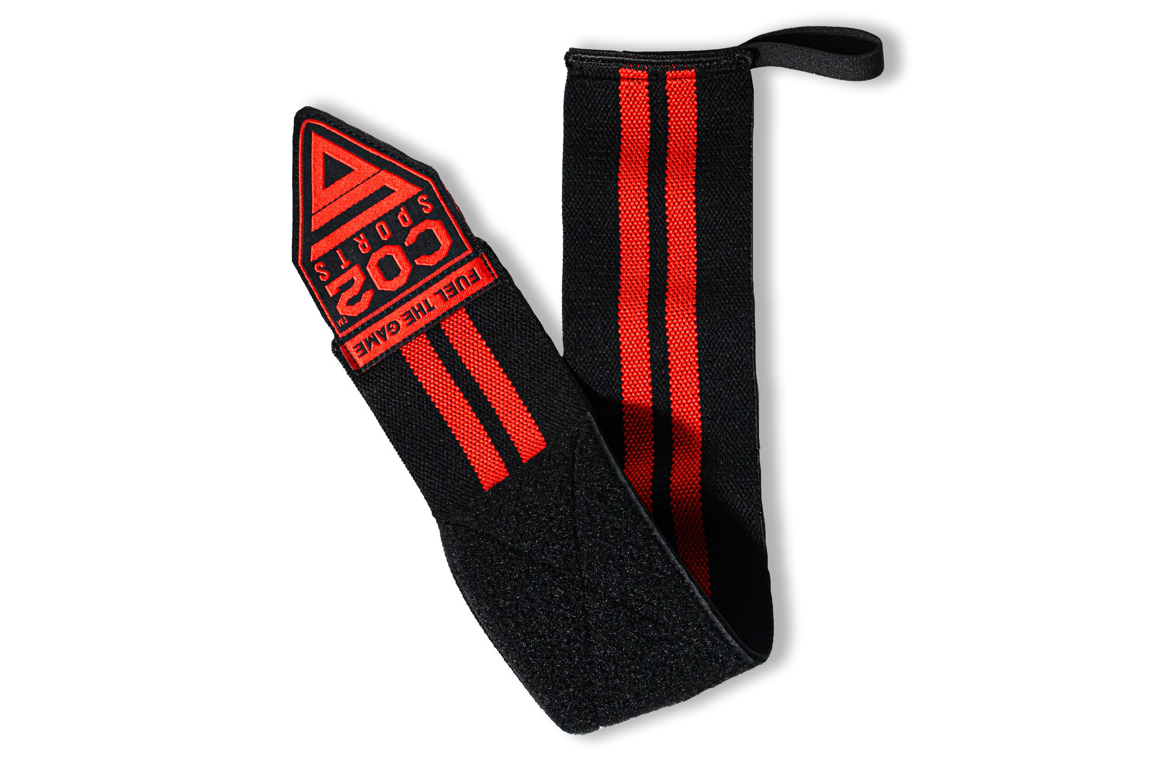 Black wrist wrap with red stripes and a logo on a white background