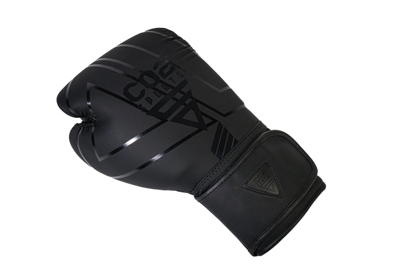 Black boxing glove with brand logo on a white background