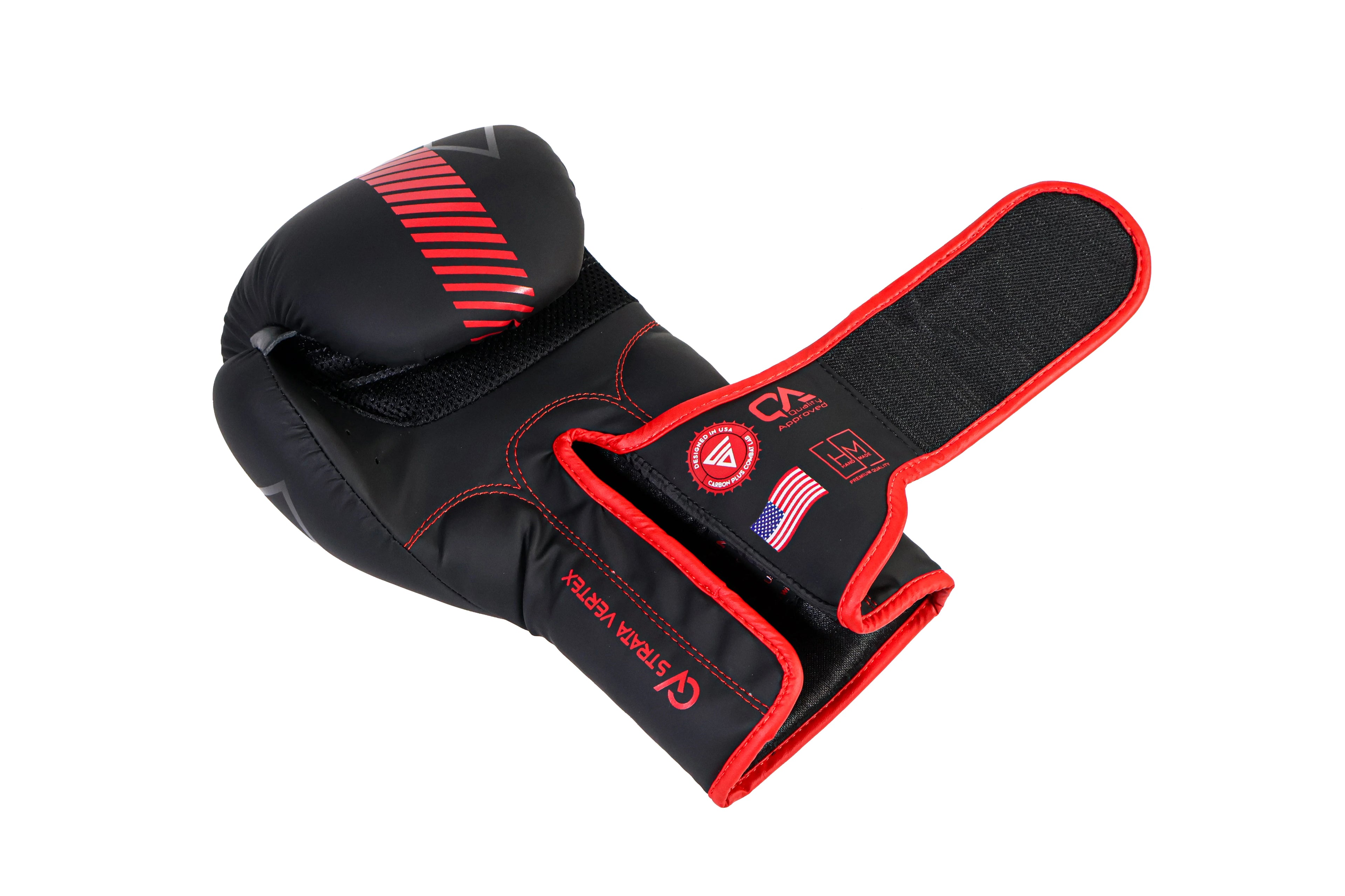 Black and red boxing glove with visible branding on a white background