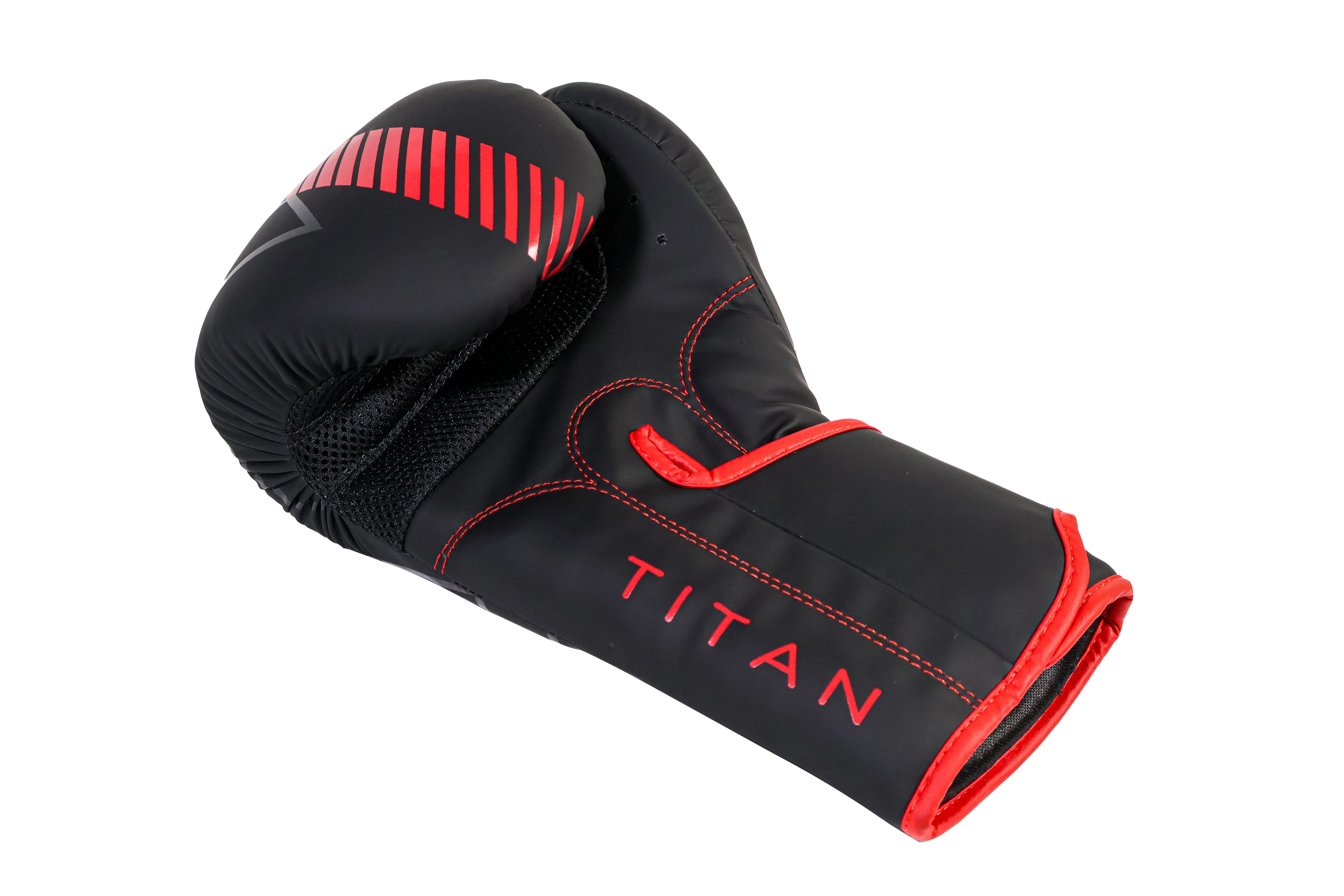Black boxing glove with red accents and 'Titan' branding on a white background