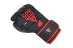 Black boxing glove with red accents on a white background
