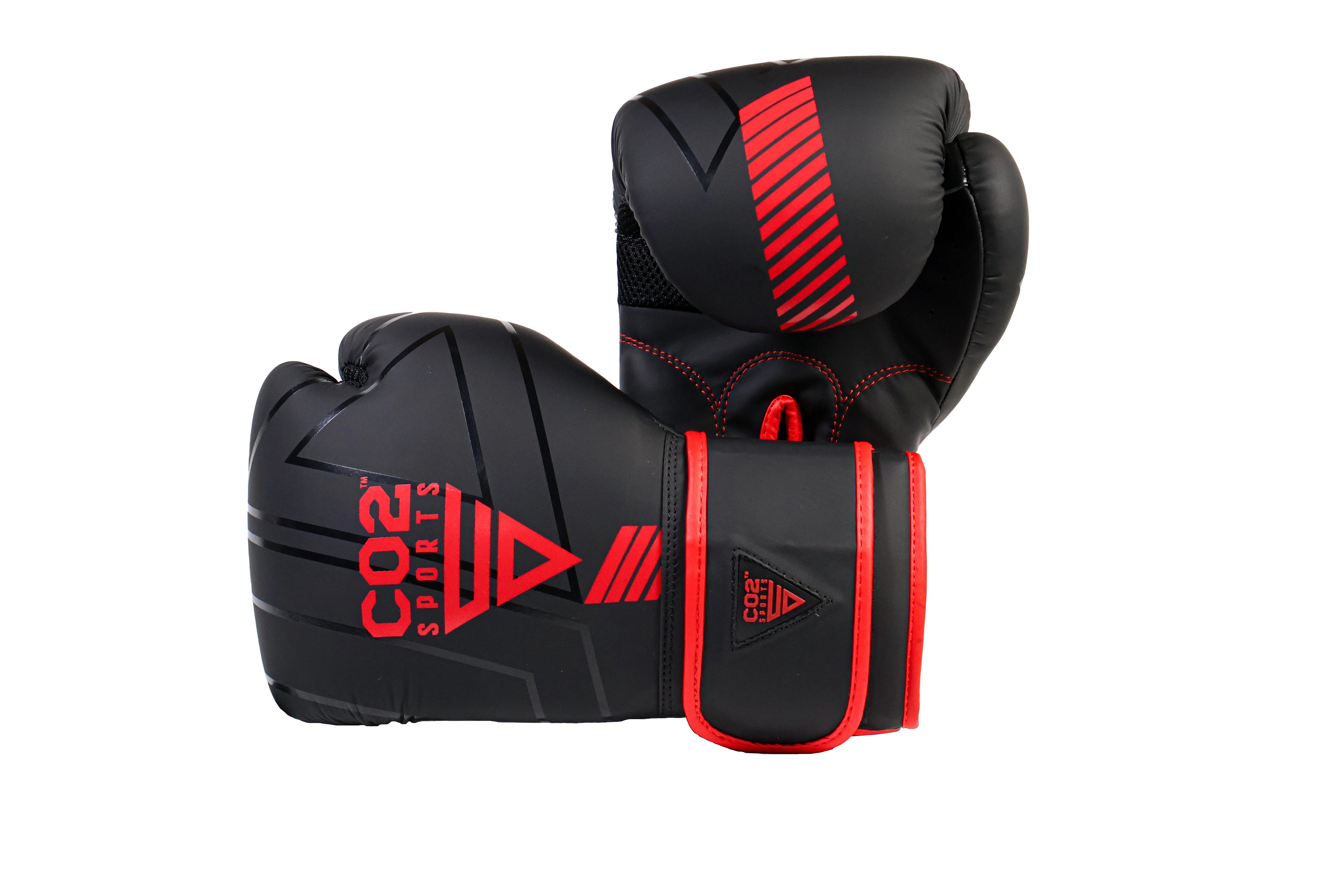 Black boxing gloves with red accents on a white background