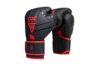 Black boxing gloves with red accents on a white background