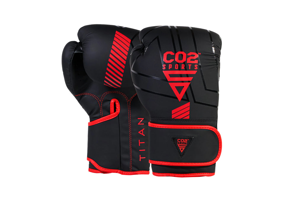 Black and red boxing gloves with 'COR Sports' branding on a white background