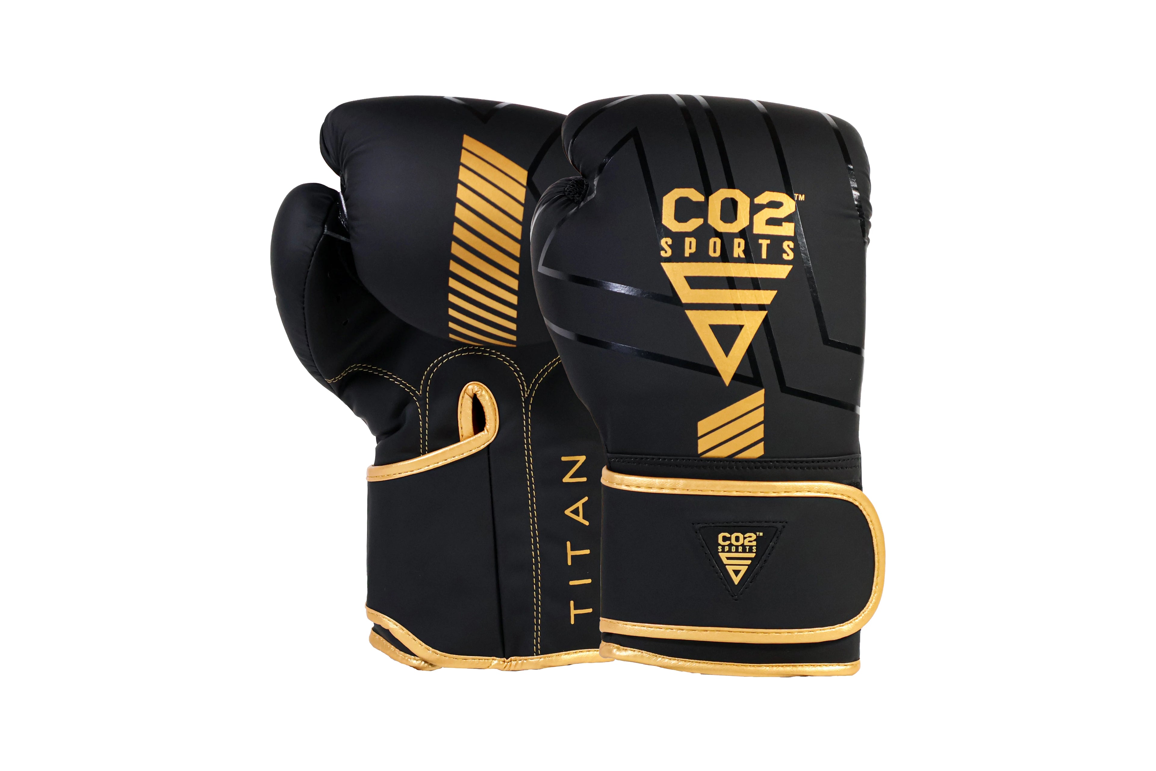 Black and gold boxing gloves with CO2 Sports branding on a white background