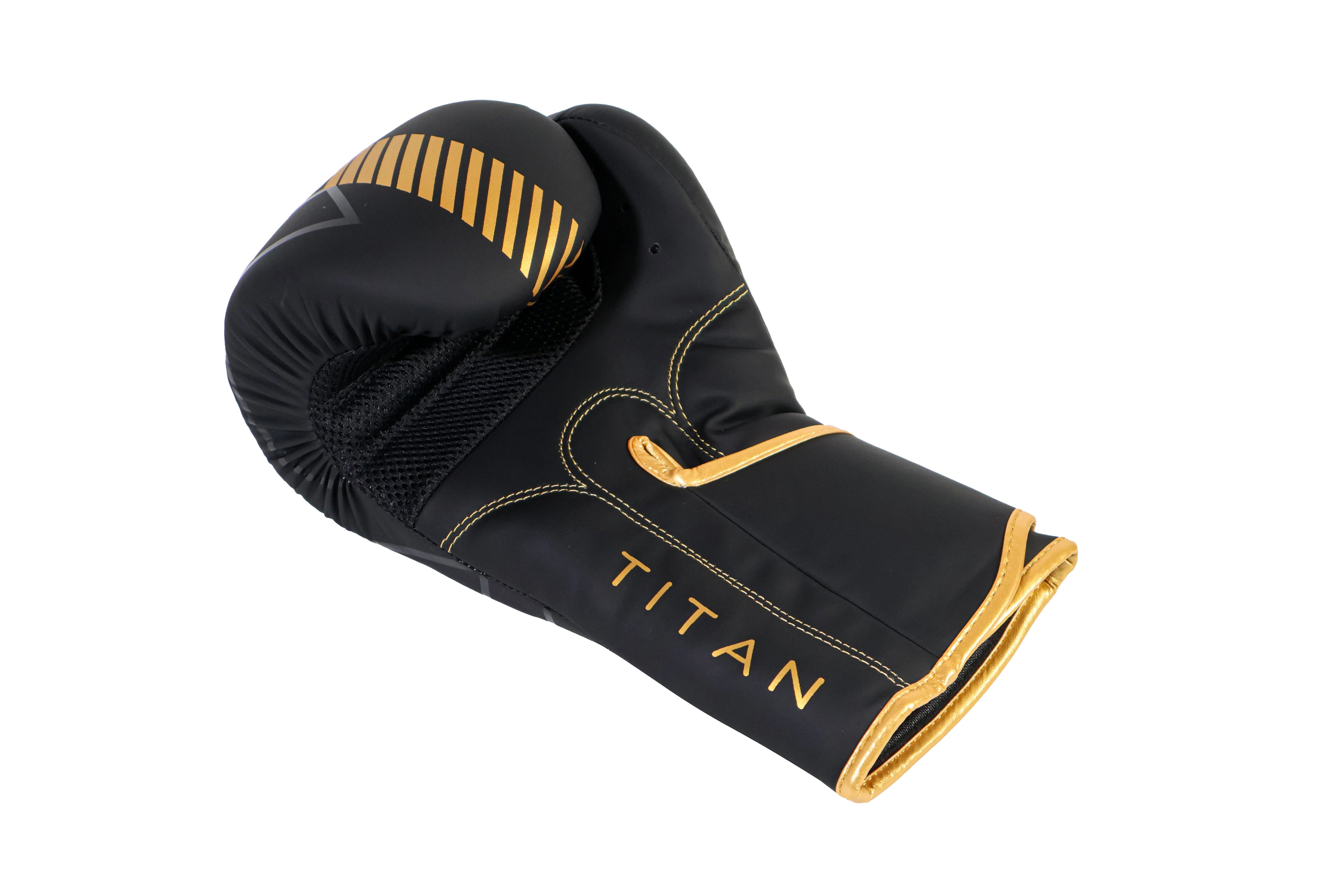 Black boxing glove with gold accents and 'Titan' branding on a white background