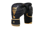 Black boxing gloves with gold accents and CO2 Sports branding on a white background