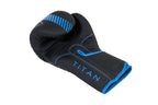 Black boxing glove with blue accents and 'Titan' branding on a white background