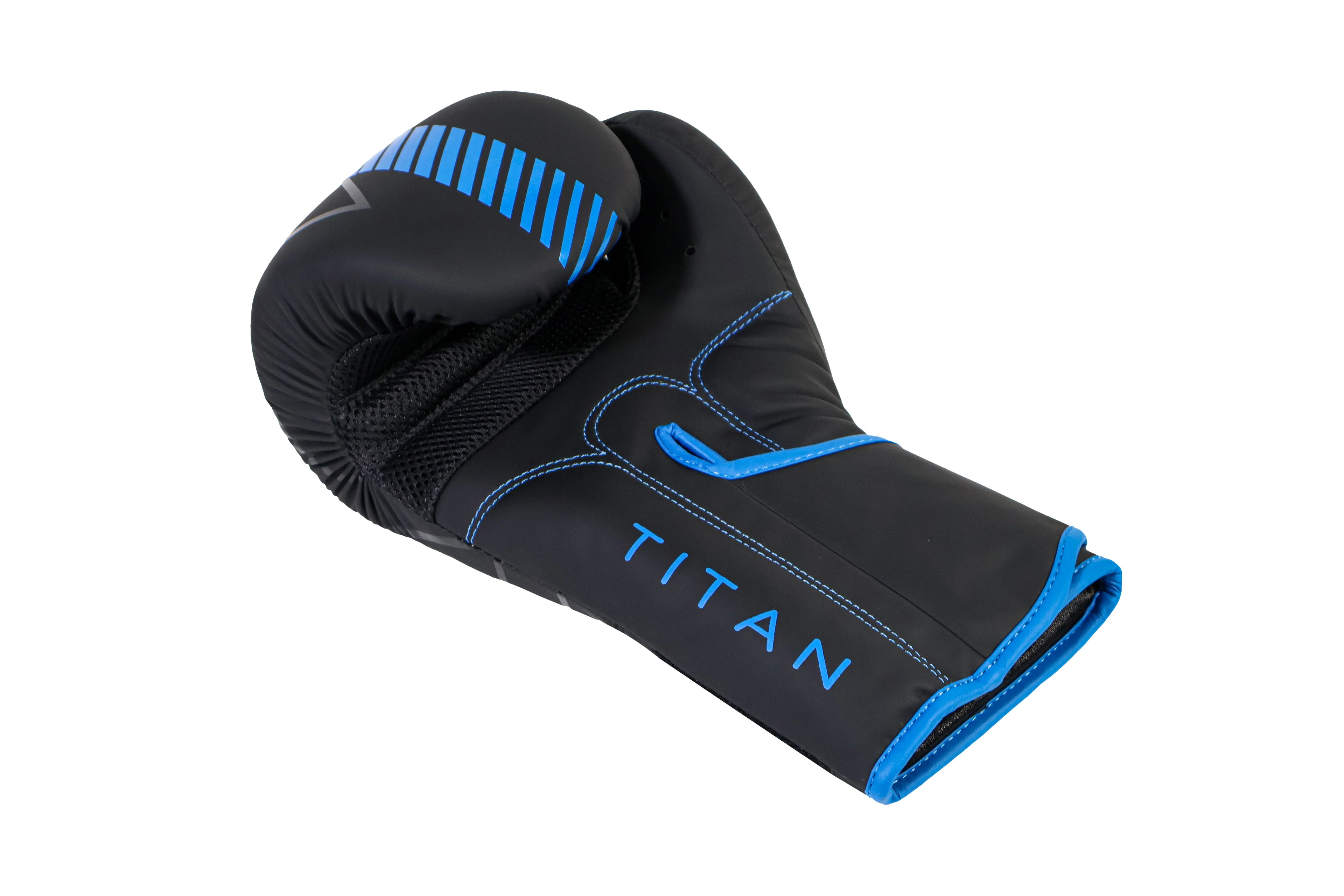 Black boxing glove with blue accents and 'Titan' branding on a white background